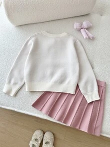 SHEIN 女童純色針織蝴蝶結圖案毛衣與裙子套裝 2件組，適合秋冬穿著 - 彩色 - 查看 4