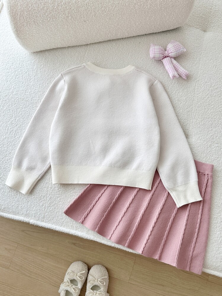 SHEIN Set 2 Potong Sweater Rajut Polos Motif Pita & Rok untuk Anak Perempuan Muda, Cocok untuk Musim Gugur/Dingin - MultiWarna - View 4