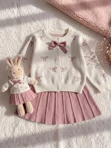 SHEIN 女童純色針織蝴蝶結圖案毛衣與裙子套裝 2件組，適合秋冬穿著 - 彩色 - 查看 1