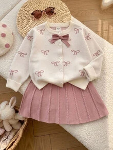 SHEIN 女童純色針織蝴蝶結圖案毛衣與裙子套裝 2件組，適合秋冬穿著 - 彩色 - 查看 2