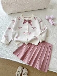 SHEIN 女童純色針織蝴蝶結圖案毛衣與裙子套裝 2件組，適合秋冬穿著 - 彩色 - 查看 3