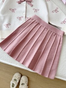 SHEIN 女童純色針織蝴蝶結圖案毛衣與裙子套裝 2件組，適合秋冬穿著 - 彩色 - 查看 6