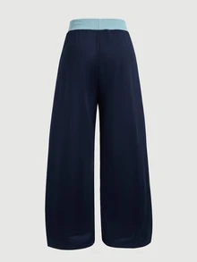 SHEIN Teen Girl Patchwork Waist Drawstring Contrast Color Sweatpants Navy Summer Baggy - Blue - View 6