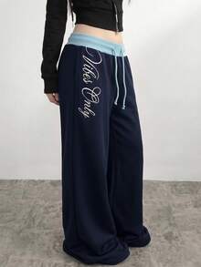 SHEIN Teen Girl Patchwork Waist Drawstring Contrast Color Sweatpants Navy Summer Baggy - Blue - View 5
