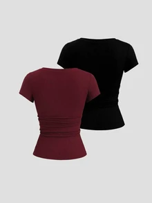 Sweetra 2pcs/Set Women's Summer 2 In 1 Lace Patchwork Short Sleeve T-Shirt, Red + Black - Red and Black - View 2