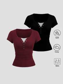 Sweetra 2pcs/Set Women's Summer 2 In 1 Lace Patchwork Short Sleeve T-Shirt, Red + Black - Red and Black - View 3