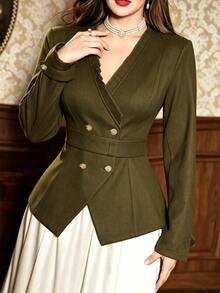 Auvina French Vintage Waist-Cinched Wool Blazer, Frill Trim V-Neck Double-Breasted Gold Button Slimming Short Jacket - Green - View 3