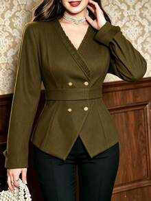 Auvina French Vintage Waist-Cinched Wool Blazer, Frill Trim V-Neck Double-Breasted Gold Button Slimming Short Jacket - Green - View 1