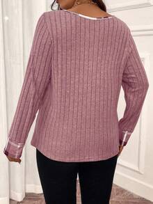 Plus-Size Women's Knitted Solid Color Patchwork Contrast Plaid Regular Autumn And Winter Casual V-Neck Pink Long-Sleeve T-Shirt Fall - Pink - View 2