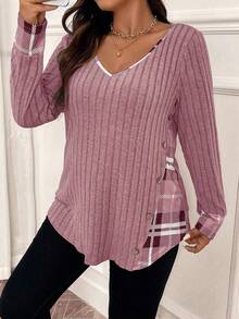 Plus-Size Women's Knitted Solid Color Patchwork Contrast Plaid Regular Autumn And Winter Casual V-Neck Pink Long-Sleeve T-Shirt Fall - Pink - View 1