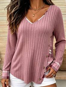 Plus-Size Women's Knitted Solid Color Patchwork Contrast Plaid Regular Autumn And Winter Casual V-Neck Pink Long-Sleeve T-Shirt Fall - Pink - View 4
