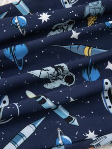 SHEIN Space Rocket All-Over Print Fitted Long Sleeve Pajamas For Tween Boys, Elastic Slim Fit Planet Print Children's Snug Home Wear 2 Pieces Set - Navy Blue - View 7