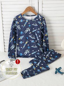 SHEIN Space Rocket All-Over Print Fitted Long Sleeve Pajamas For Tween Boys, Elastic Slim Fit Planet Print Children's Snug Home Wear 2 Pieces Set - Navy Blue - View 2
