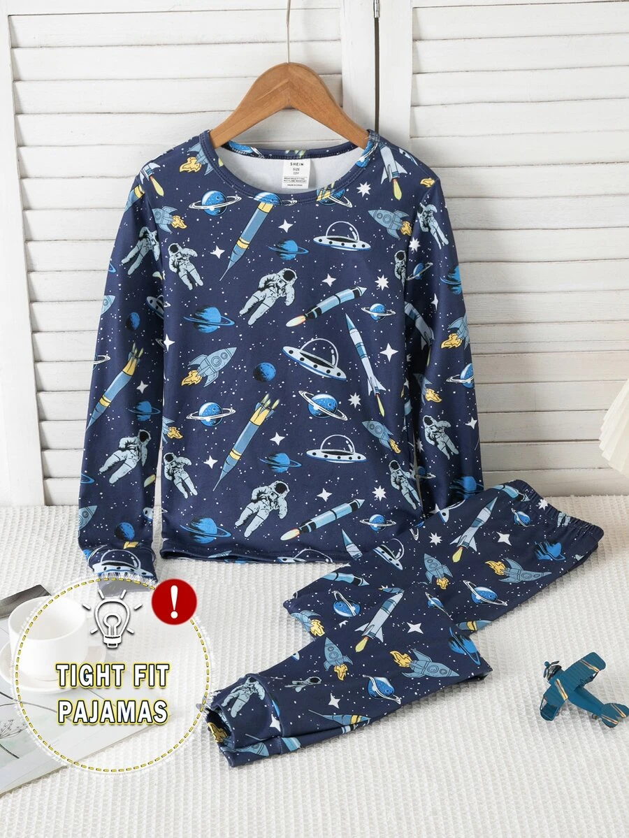 SHEIN Space Rocket All-Over Print Fitted Long Sleeve Pajamas For Tween Boys, Elastic Slim Fit Planet Print Children's Snug Home Wear 2 Pieces Set