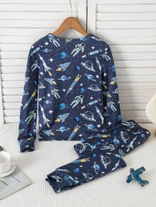 SHEIN Space Rocket All-Over Print Fitted Long Sleeve Pajamas For Tween Boys, Elastic Slim Fit Planet Print Children's Snug Home Wear 2 Pieces Set - Navy Blue - View 3