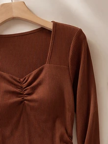 Rusticease Fall Winter 2026 Women Solid Color Pleated Casual Daily Formal Mother Of The Groom T-Shirt Brown Long Sleeve Thermal Top With Built-In Bra Pads - Rust Brown - View 7