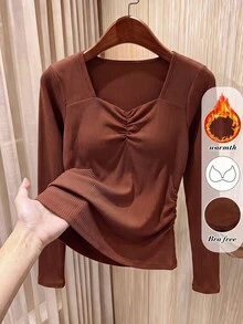 Rusticease Fall Winter 2026 Women Solid Color Pleated Casual Daily Formal Mother Of The Groom T-Shirt Brown Long Sleeve Thermal Top With Built-In Bra Pads - Rust Brown - View 1