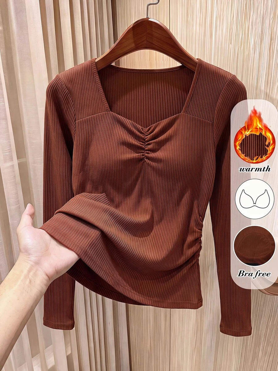 Rusticease Fall Winter 2026 Women Solid Color Pleated Casual Daily Formal Mother Of The Groom T-Shirt Brown Long Sleeve Thermal Top With Built-In Bra Pads - Rust Brown - View 1
