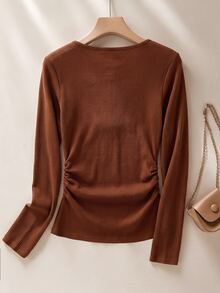 Rusticease Fall Winter 2026 Women Solid Color Pleated Casual Daily Formal Mother Of The Groom T-Shirt Brown Long Sleeve Thermal Top With Built-In Bra Pads - Rust Brown - View 2