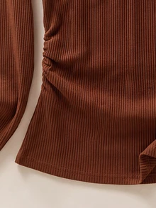 Rusticease Fall Winter 2026 Women Solid Color Pleated Casual Daily Formal Mother Of The Groom T-Shirt Brown Long Sleeve Thermal Top With Built-In Bra Pads - Rust Brown - View 5