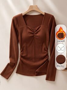 Rusticease Fall Winter 2026 Women Solid Color Pleated Casual Daily Formal Mother Of The Groom T-Shirt Brown Long Sleeve Thermal Top With Built-In Bra Pads - Rust Brown - View 3