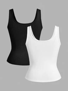 Slaydiva Multi-Pack Basic Slip Cami Top, Narrow Ribbed V-Neck Tank For Women, Black & White, Casual,Versatile Black & White Tank Top - Black - View 3