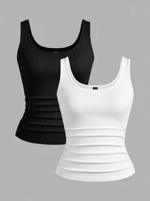 Slaydiva Multi-Pack Basic Slip Cami Top, Narrow Ribbed V-Neck Tank For Women, Black & White, Casual,Versatile Black & White Tank Top - Black - View 2