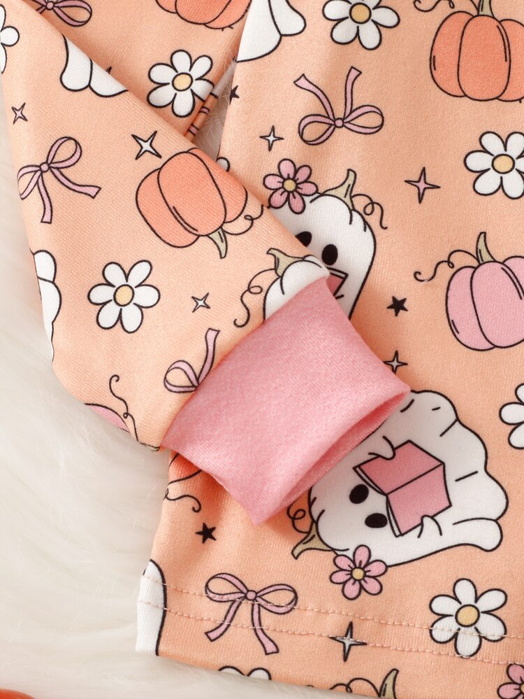 SHEIN Girls Toddler Cute Pumpkin Little Ghost And Flower Print Pink Tie-Dye Crew Neck High Elastic Ribbed Fabric Long Sleeve Leggings 2 Pieces Snug Fit Fall - Orange - View 6