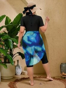 Swim Mulvari طقم بوركيني محافظ للشرق الأوسط للنساء مقاس كبير، قطعتان بلون سادة، ملابس سباحة قطعة واحدة بأكمام قصيرة وشورت برمودا مع تنورة كفر-أب شبكية بطبعة عشوائية - الأسود - مشاهدة 2