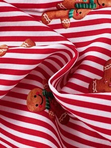 SHEIN Young Girl Gingerbread Man Print Lettuce Trim Long Sleeve Top & Striped Pants PJ Set - Red - View 7