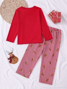 SHEIN Young Girl Gingerbread Man Print Lettuce Trim Long Sleeve Top & Striped Pants PJ Set - Red - View 2