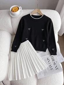 SHEIN Girls' Sweater Set, Autumn/Winter Fashion Embroidered Bow Knit Sweater Long Sleeve Skirt Set, French Elegant Princess Style, Suitable For Back To School, Parties, Daily Wear - Black and White - View 14