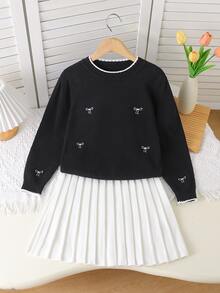 SHEIN Girls' Sweater Set, Autumn/Winter Fashion Embroidered Bow Knit Sweater Long Sleeve Skirt Set, French Elegant Princess Style, Suitable For Back To School, Parties, Daily Wear - Black and White - View 11