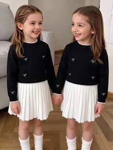 SHEIN Girls' Sweater Set, Autumn/Winter Fashion Embroidered Bow Knit Sweater Long Sleeve Skirt Set, French Elegant Princess Style, Suitable For Back To School, Parties, Daily Wear - Black and White - View 12