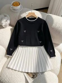 SHEIN Girls' Sweater Set, Autumn/Winter Fashion Embroidered Bow Knit Sweater Long Sleeve Skirt Set, French Elegant Princess Style, Suitable For Back To School, Parties, Daily Wear - Black and White - View 15
