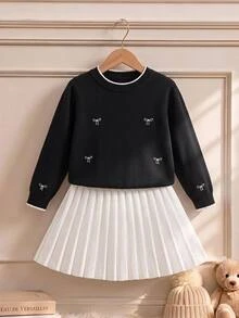 SHEIN Girls' Sweater Set, Autumn/Winter Fashion Embroidered Bow Knit Sweater Long Sleeve Skirt Set, French Elegant Princess Style, Suitable For Back To School, Parties, Daily Wear - Black and White - View 10