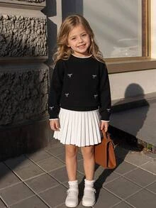 SHEIN Girls' Sweater Set, Autumn/Winter Fashion Embroidered Bow Knit Sweater Long Sleeve Skirt Set, French Elegant Princess Style, Suitable For Back To School, Parties, Daily Wear - Black and White - View 8