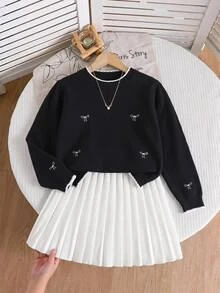 SHEIN Girls' Sweater Set, Autumn/Winter Fashion Embroidered Bow Knit Sweater Long Sleeve Skirt Set, French Elegant Princess Style, Suitable For Back To School, Parties, Daily Wear - Black and White - View 16