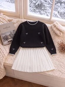 SHEIN Girls' Sweater Set, Autumn/Winter Fashion Embroidered Bow Knit Sweater Long Sleeve Skirt Set, French Elegant Princess Style, Suitable For Back To School, Parties, Daily Wear - Black and White - View 13