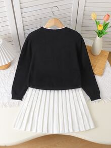 SHEIN Girls' Sweater Set, Autumn/Winter Fashion Embroidered Bow Knit Sweater Long Sleeve Skirt Set, French Elegant Princess Style, Suitable For Back To School, Parties, Daily Wear - Black and White - View 2