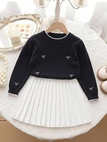 SHEIN Girls' Sweater Set, Autumn/Winter Fashion Embroidered Bow Knit Sweater Long Sleeve Skirt Set, French Elegant Princess Style, Suitable For Back To School, Parties, Daily Wear - Black and White - View 1