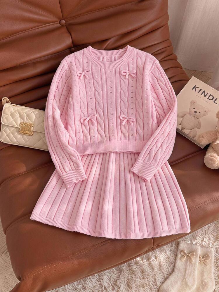 Tween Girl Winter Knit 2pcs Set, Cute 3D Bow Sweater & Pleated Skirt Outfit, Elegant Style - Baby Pink - View 15