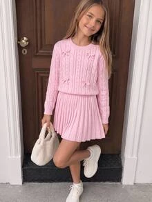 青少年女孩冬季針織兩件套，可愛3D蝴蝶結毛衣與百褶裙套裝，優雅風格 - 淺粉色 - 查看 13
