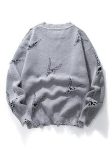 NEOSTRIT Men's Casual Distressed Letter Pattern Sweater, Autumn/Winter - Grey - View 3