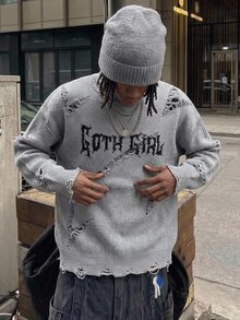 NEOSTRIT Men's Casual Distressed Letter Pattern Sweater, Autumn/Winter - Grey - View 1
