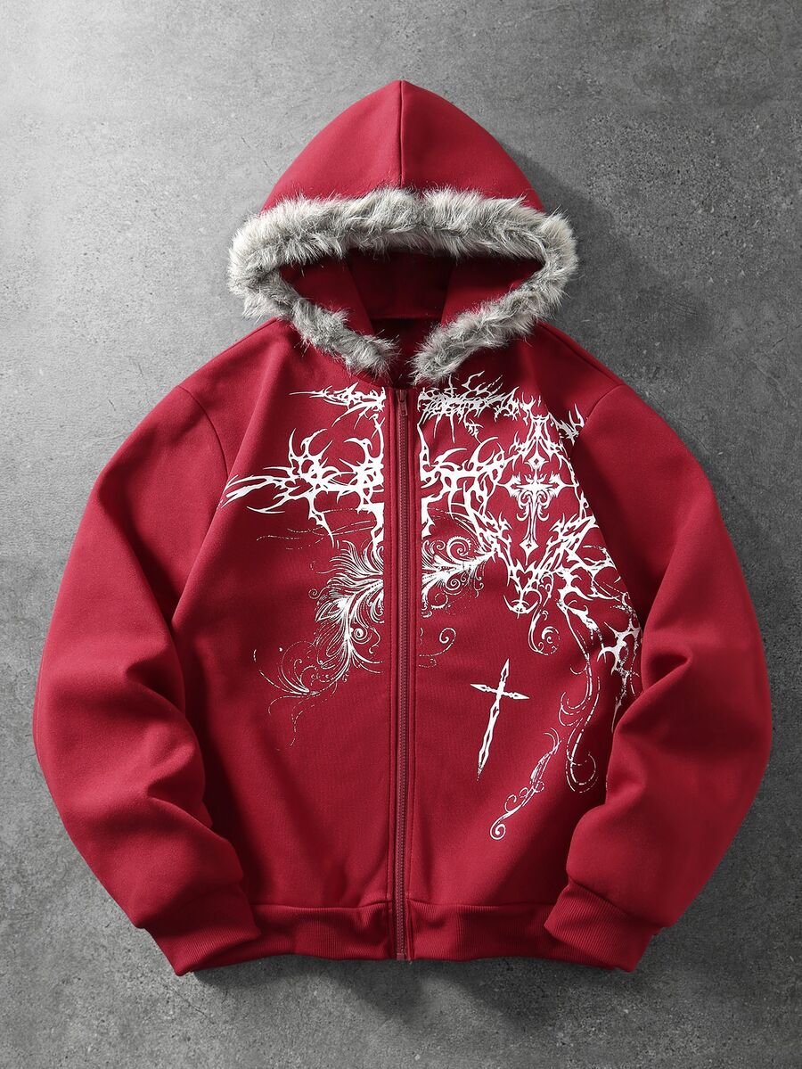 ROMWE MEN Goth Men's Plush Patchwork Zip-Up Casual Versatile Hoodie - Red - View 1