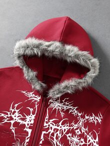 ROMWE MEN Goth Men's Plush Patchwork Zip-Up Casual Versatile Hoodie - Red - View 6