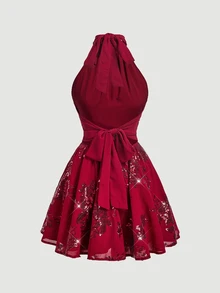 SHEIN MOD Gaun Wanita Seksi Hot Girl Berpayet dengan Detail Kerut dan Tali Leher Model Halter - Burgundy - View 5