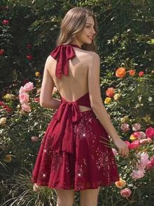 SHEIN MOD Gaun Wanita Seksi Hot Girl Berpayet dengan Detail Kerut dan Tali Leher Model Halter - Burgundy - View 2