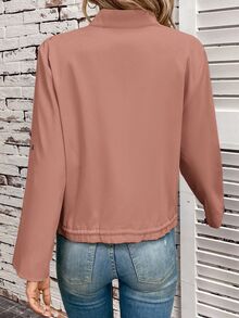 SHEIN LUNE Chaqueta corta casual de primavera y otoño, color liso, cuello alto, dobladillo con cordón, mangas enrolladas, rosa empolvado, para trabajo y oficina - Rosa coral - Ver 3
